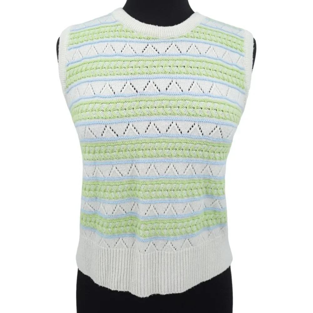 VTG 60s Wintuk Green Blue Stripe Sleeveless Knit Top Cardigan Twin Set Size S - Picture 5 of 9